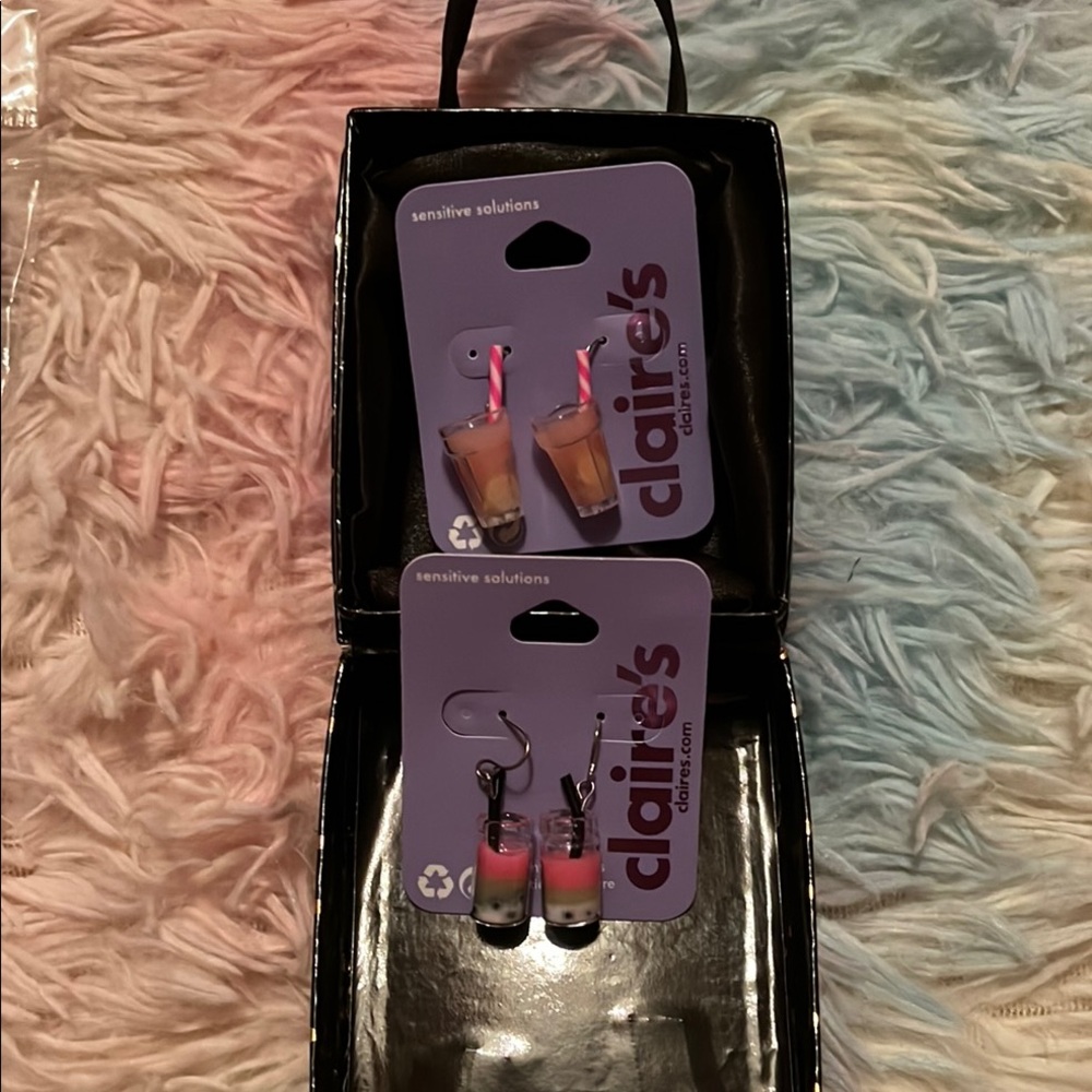 Claire's Pink and Black Boba Drink Brand New Earrings set of 2